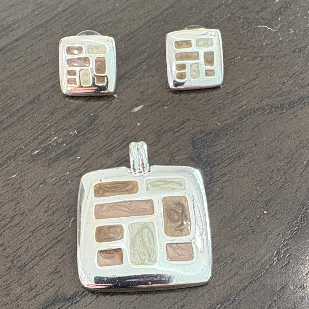 Silver-Tone Mosaic Square Pendant And Stud Earring Set - Cream & Taupe Inlay